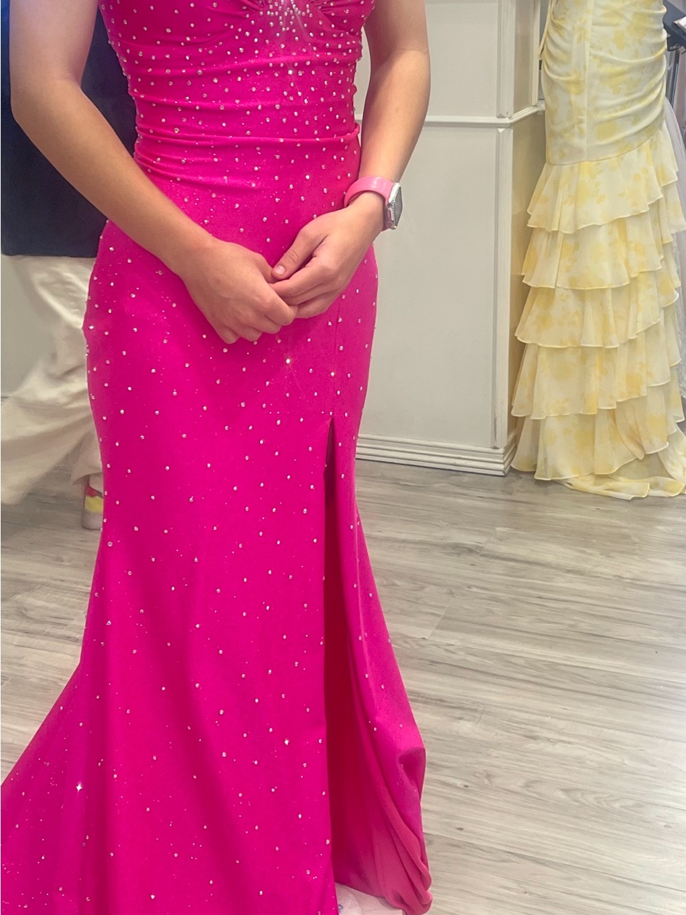 Rhinestone-Embellished Hot Pink Prom Dress with Front Slit